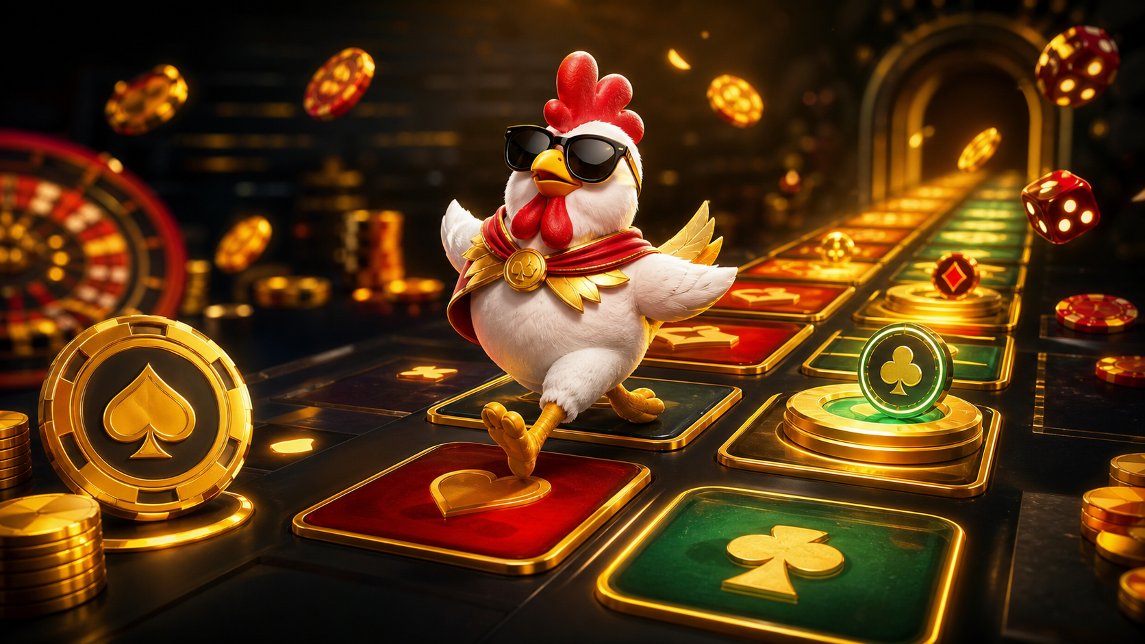 Chicken Road casino game preview with multiplier road and gold chips